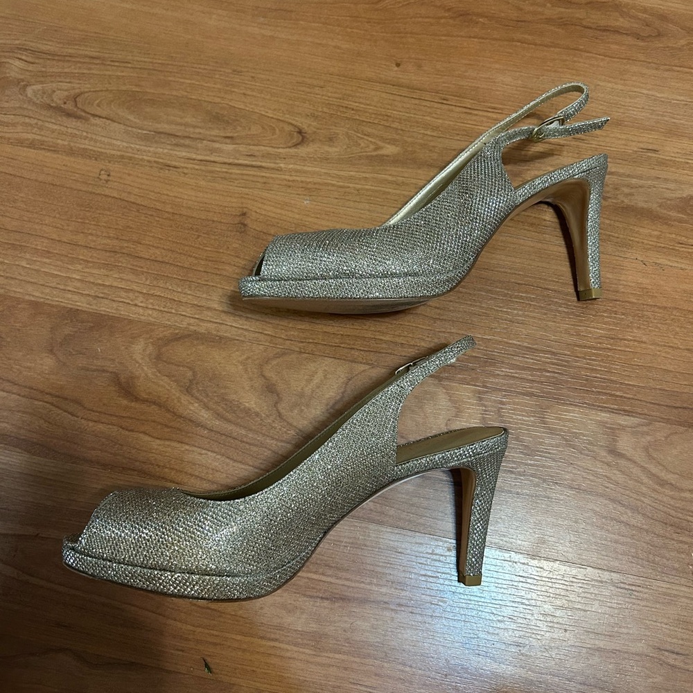 Stuart Weitzman Shimmering Gold Peep-Toe Heels